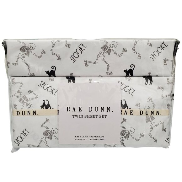 Rae Dunn Halloween White Skeleton Black Cat Printed Twin Sheet Set Bedding NEW‎ - Picture 1 of 6